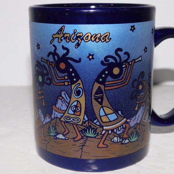 Vintage ARIZONA Kokopelli Flute Playing Dancing Blue Metallic Coffee Mug - Picture 4 of 7